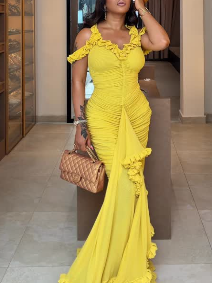 Sunshine Neckline Ruffle Trim Mermaid Dress