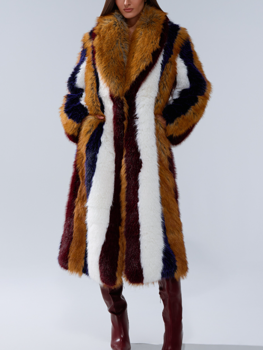 Faux Fur Contrast Vertical Stripe Coat