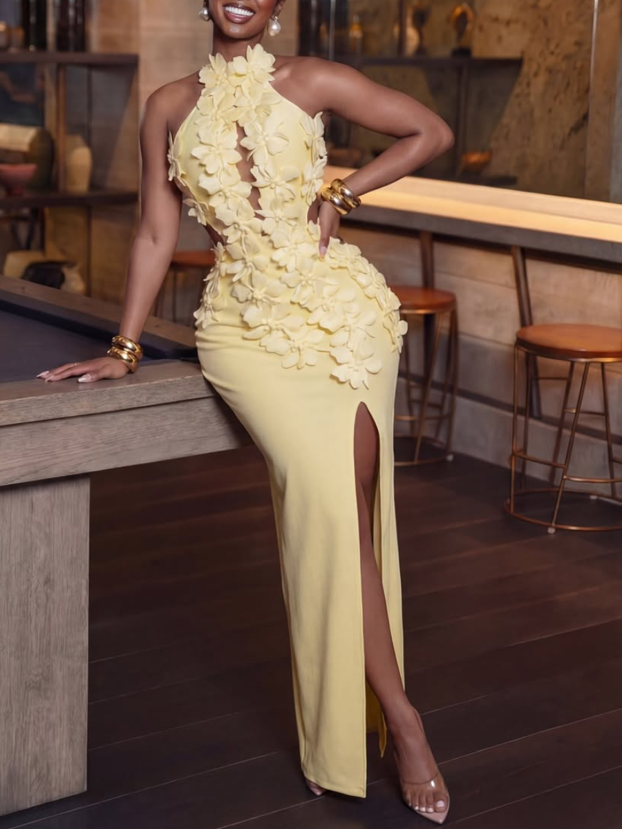3D Floral Yellow Halter Cutout Maxi Dress