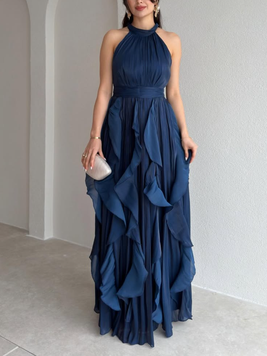 Halter Neck Ruffle Chiffon Maxi Dress