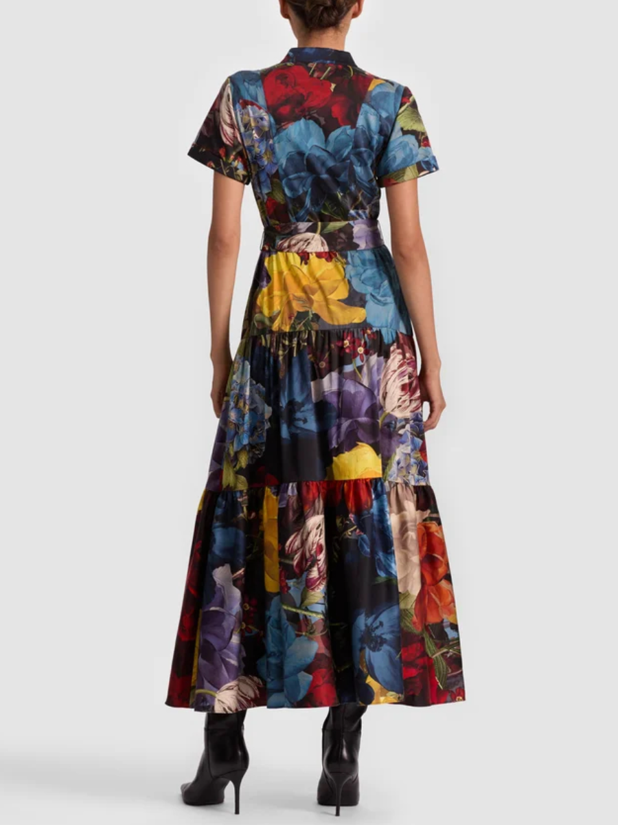 Floral Print Short Sleeve Belted Tiered Dress