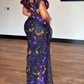 Purple & Gold Ankara Maxi Dress with Black Lace Overlay