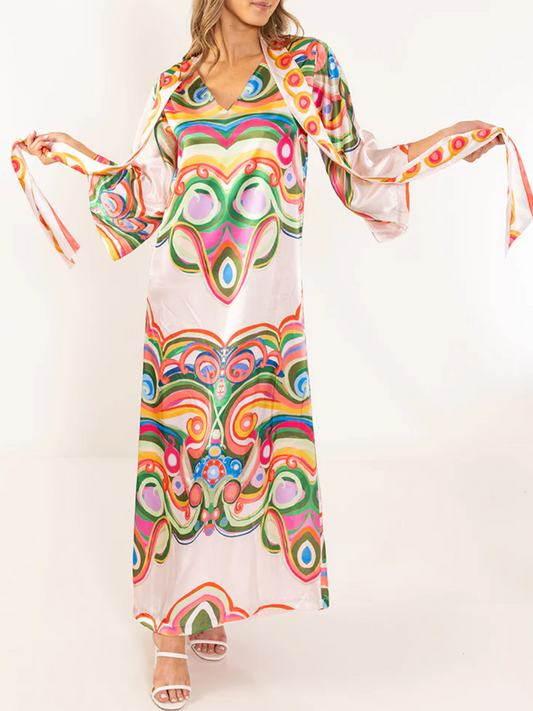 High Neck Bell Sleeve Psychedelic Swirl Print Maxi Dress