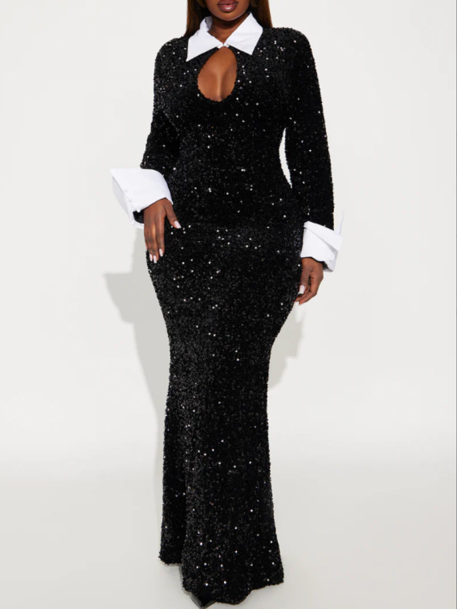 Velvet Sequin Black And White Contrast Dress