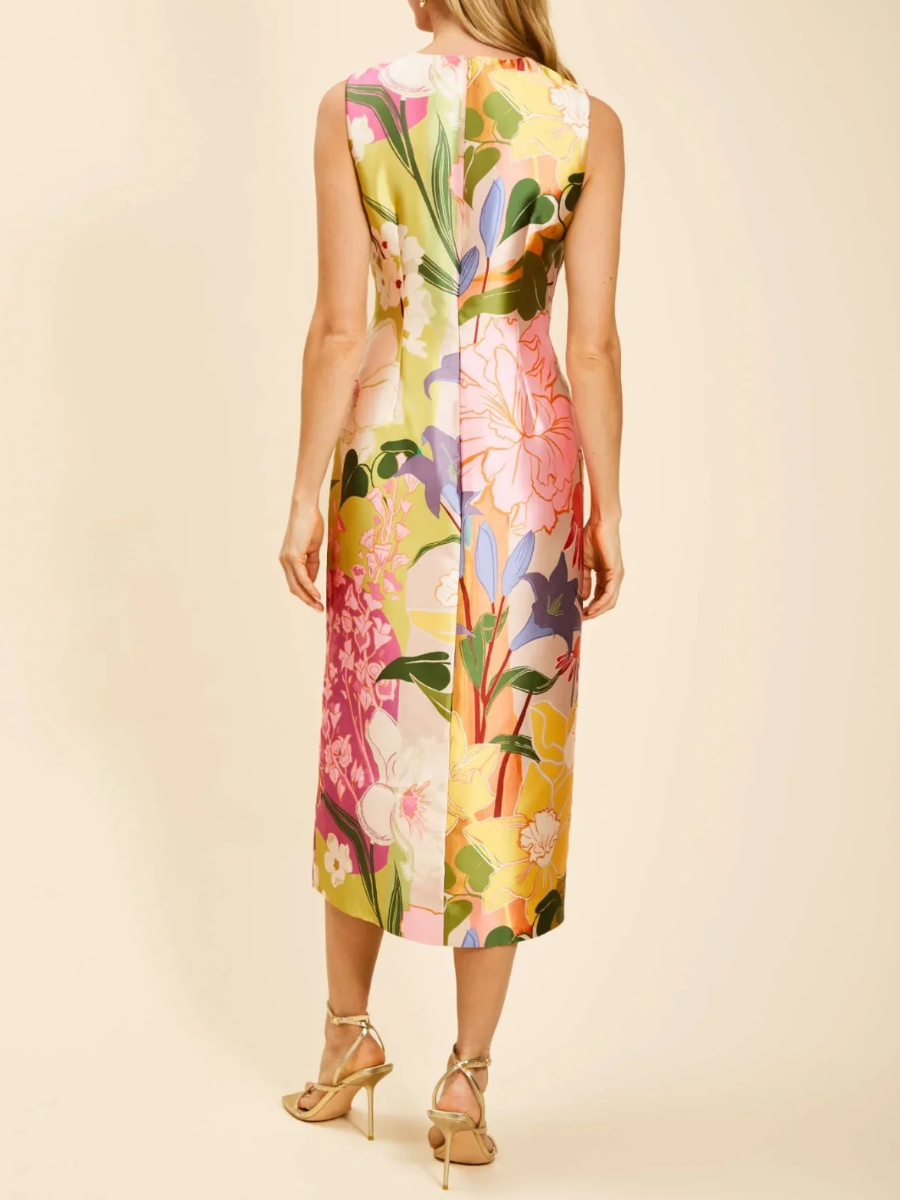 Vibrant Garden Floral Satin Sheath Dress