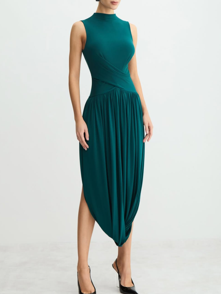 Sleeveless Feminine Ruched Asymmetrical Hem Dress