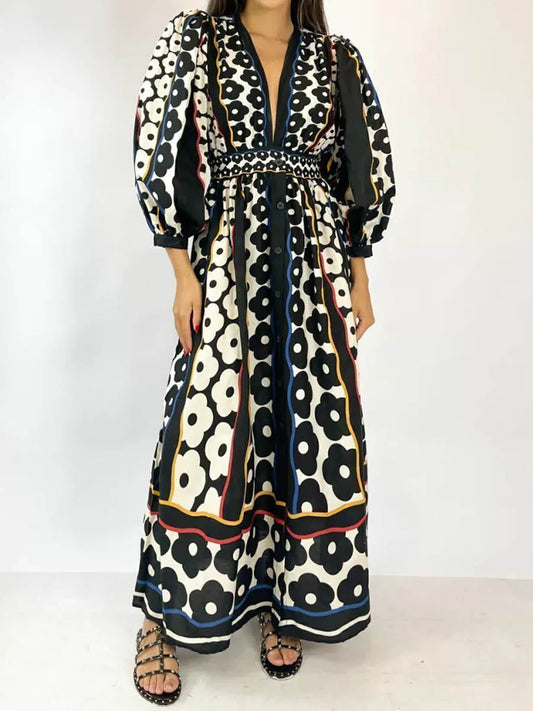 Black Daisy Plunging Neck Dress