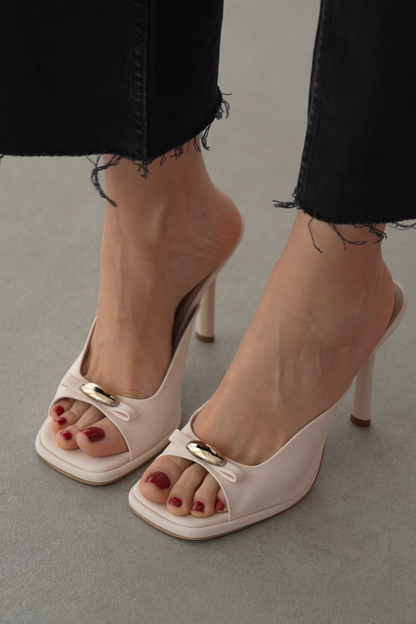 Women's Open-Toe Gold Metal Accent Stiletto Mules