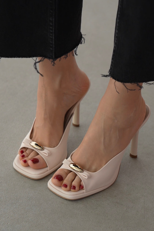 Women's Open-Toe Gold Metal Accent Stiletto Mules