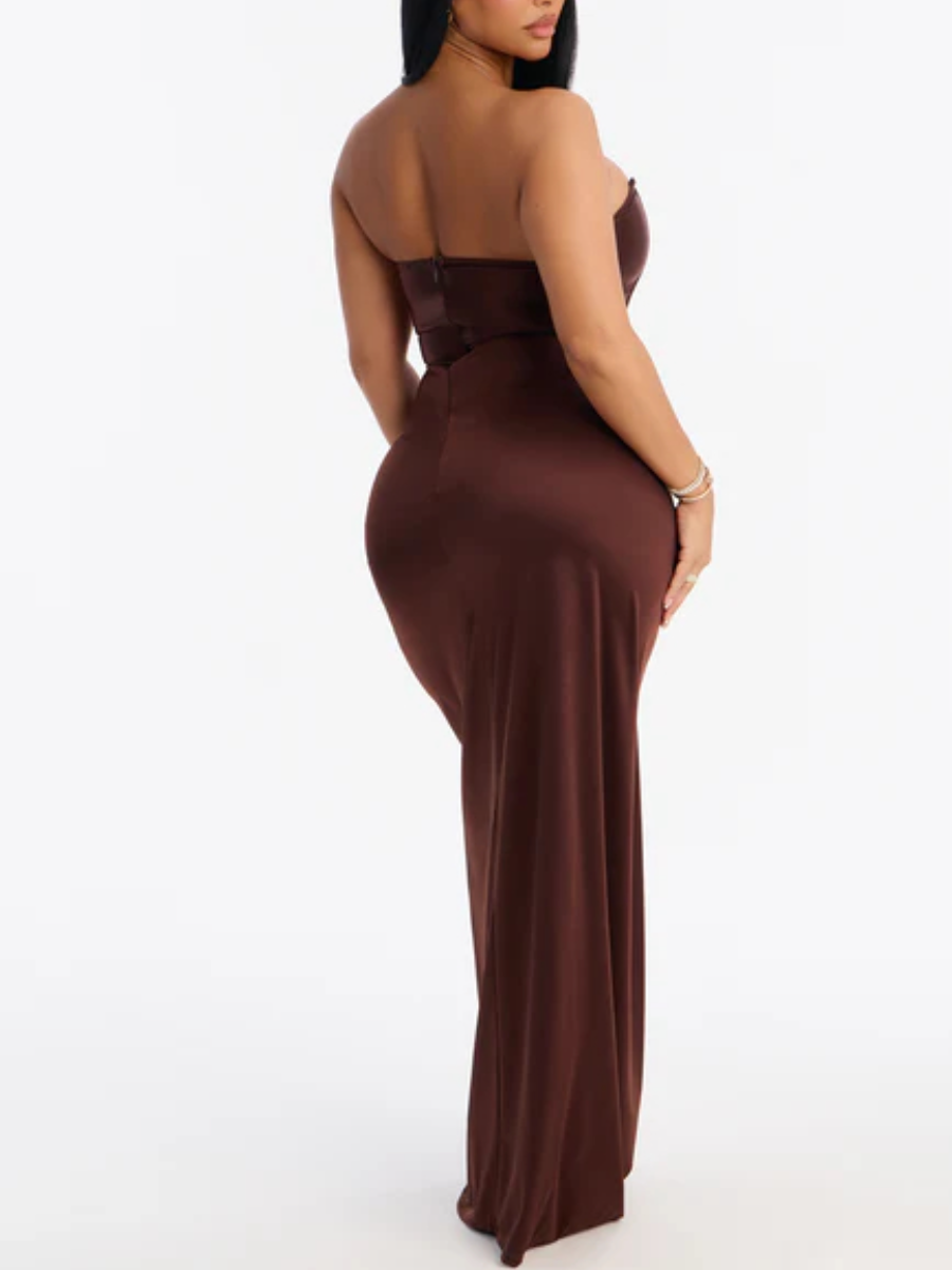 Brown Warm Horizon Satin Maxi Gown