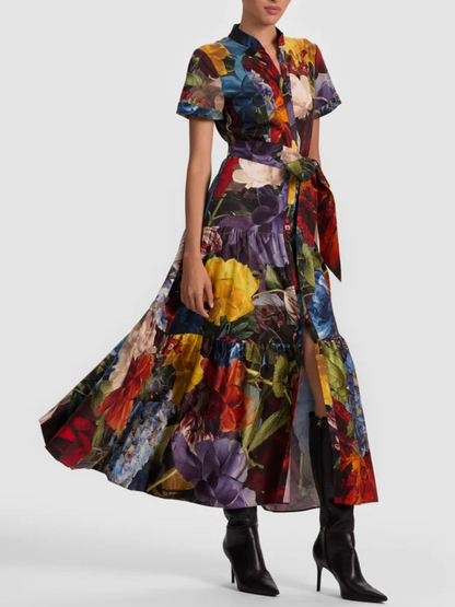 Floral Print Short Sleeve Belted Tiered Dress