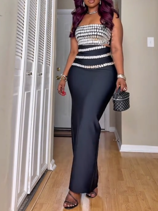 Sparkling Rhinestone Camisole and Long Skirt Sexy Two Pieces Set