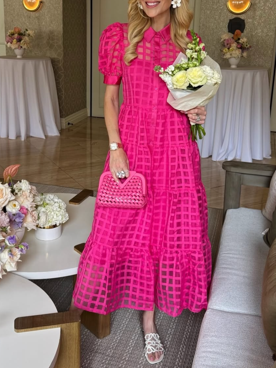 Grid Pattern Tiered Midi Shirtdress