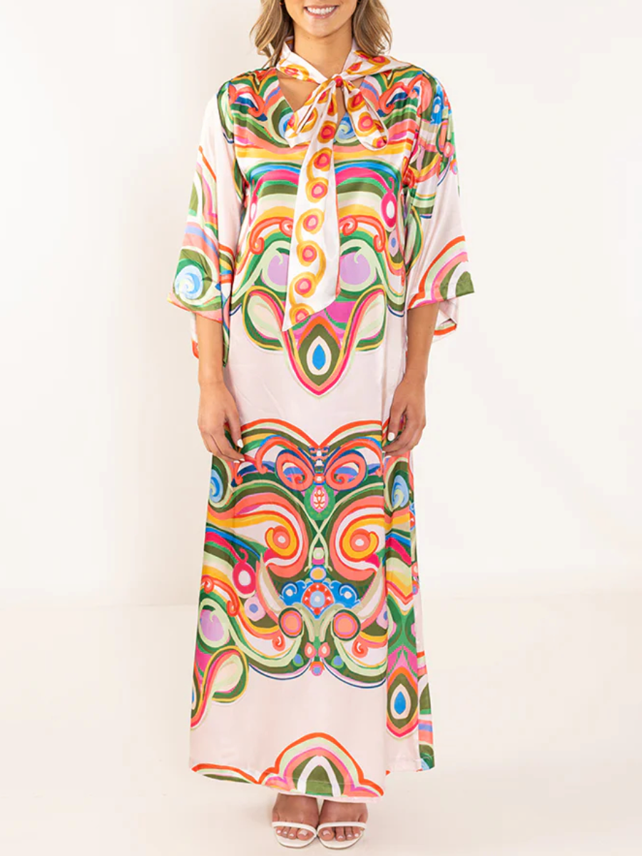 High Neck Bell Sleeve Psychedelic Swirl Print Maxi Dress