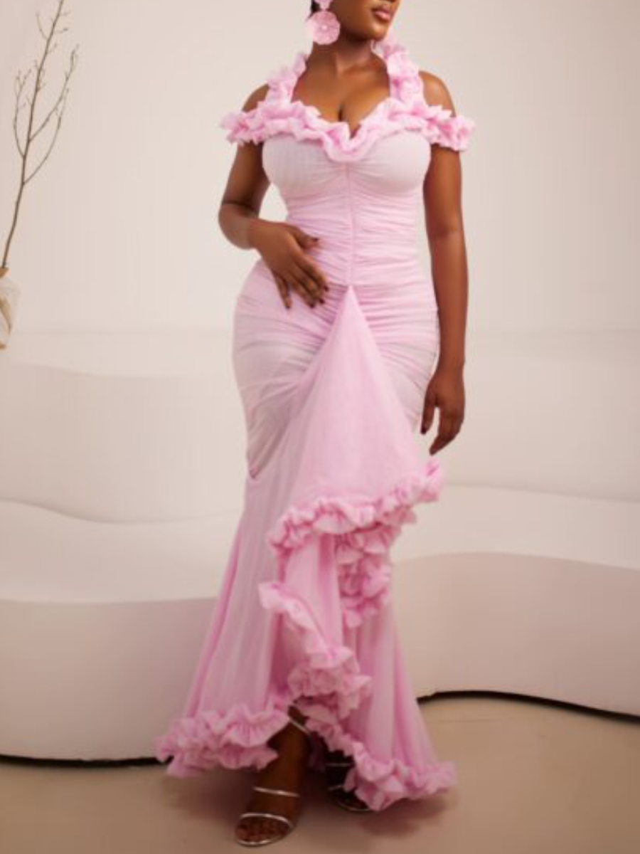 Sunshine Neckline Ruffle Trim Mermaid Dress
