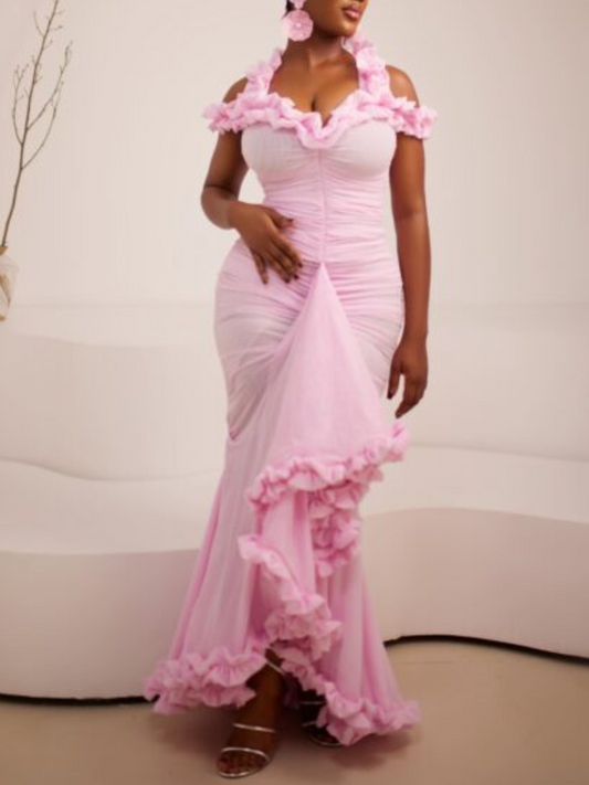 Sunshine Neckline Ruffle Trim Mermaid Dress