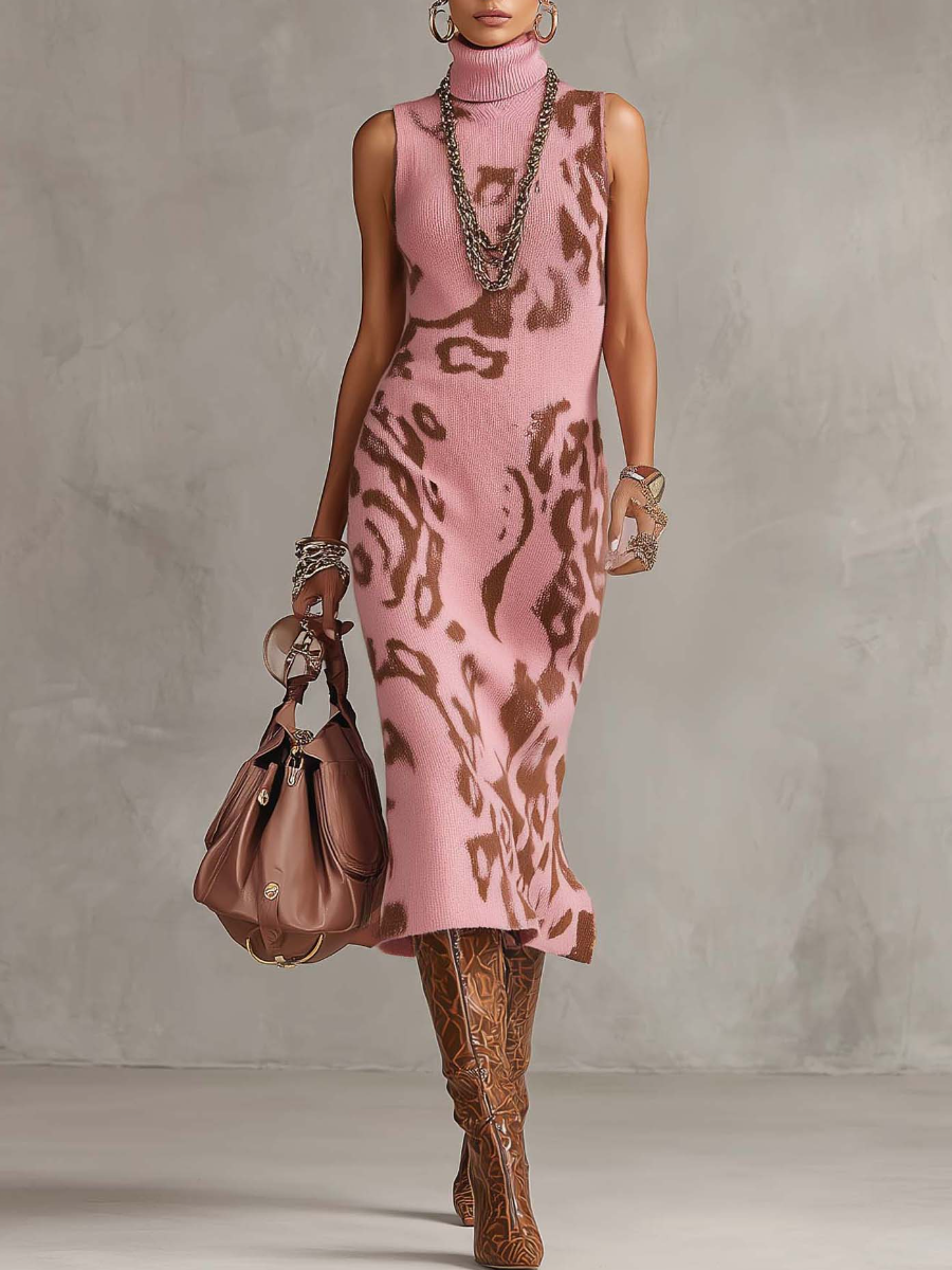 Leopard Print Pink Sleeveless Turtleneck Knit Dress