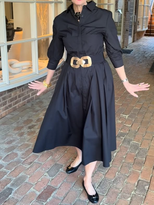 Elegant Black Midi Shirt Dress(Comes with a belt)