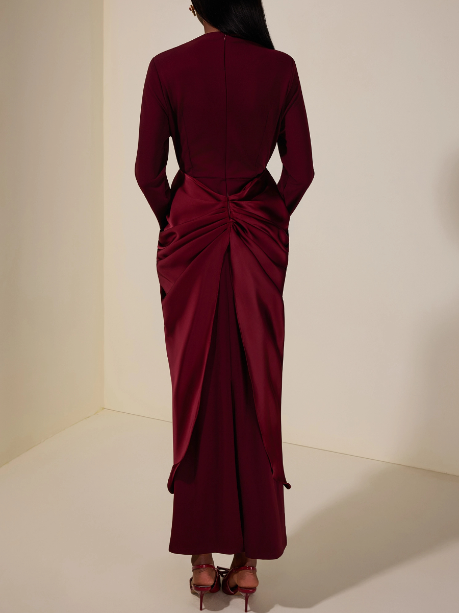 Satin Metal Decorations Long Sleeve Midi Dress
