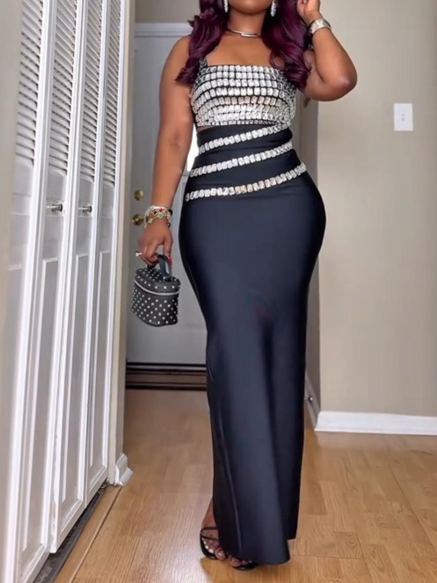 Sparkling Rhinestone Camisole and Long Skirt Sexy Two Pieces Set