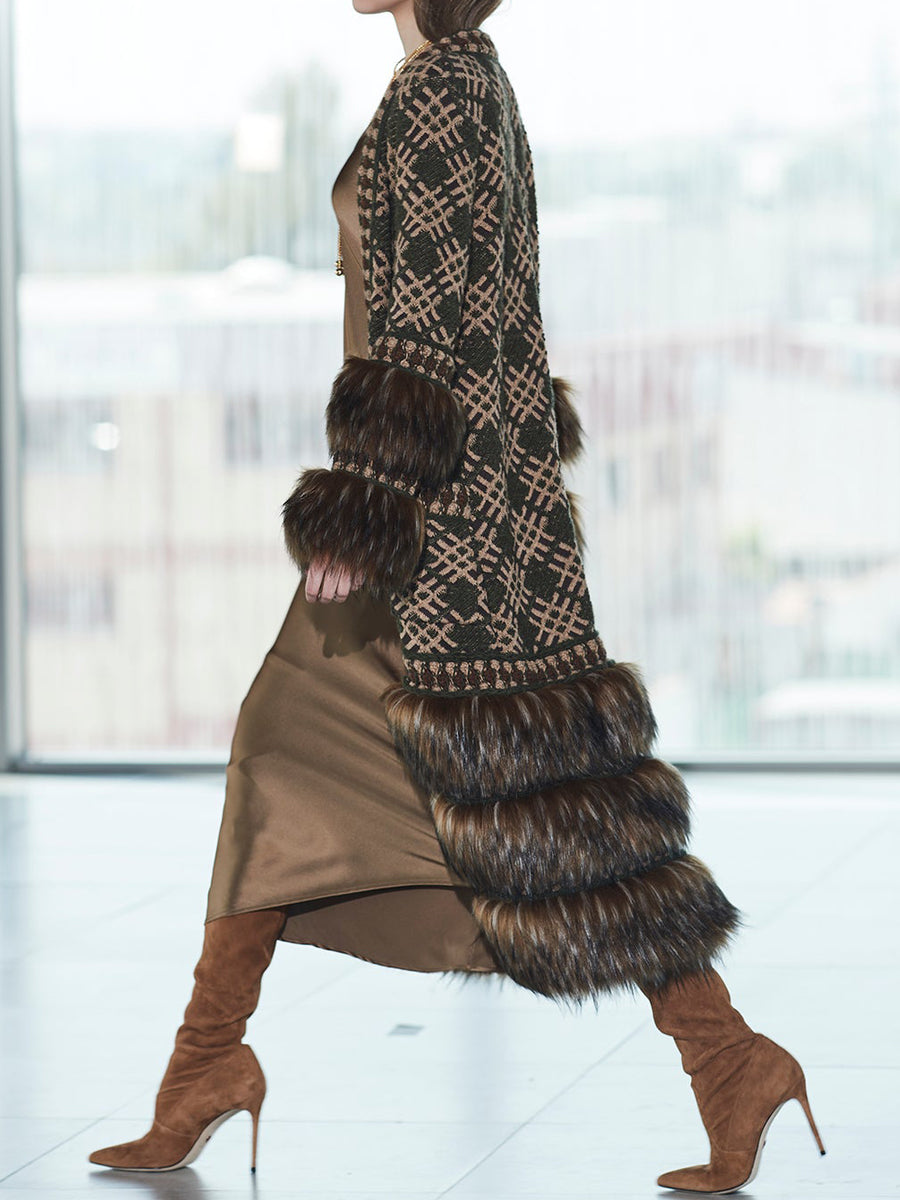 Faux Fur Patchwork Knitted Cardigan