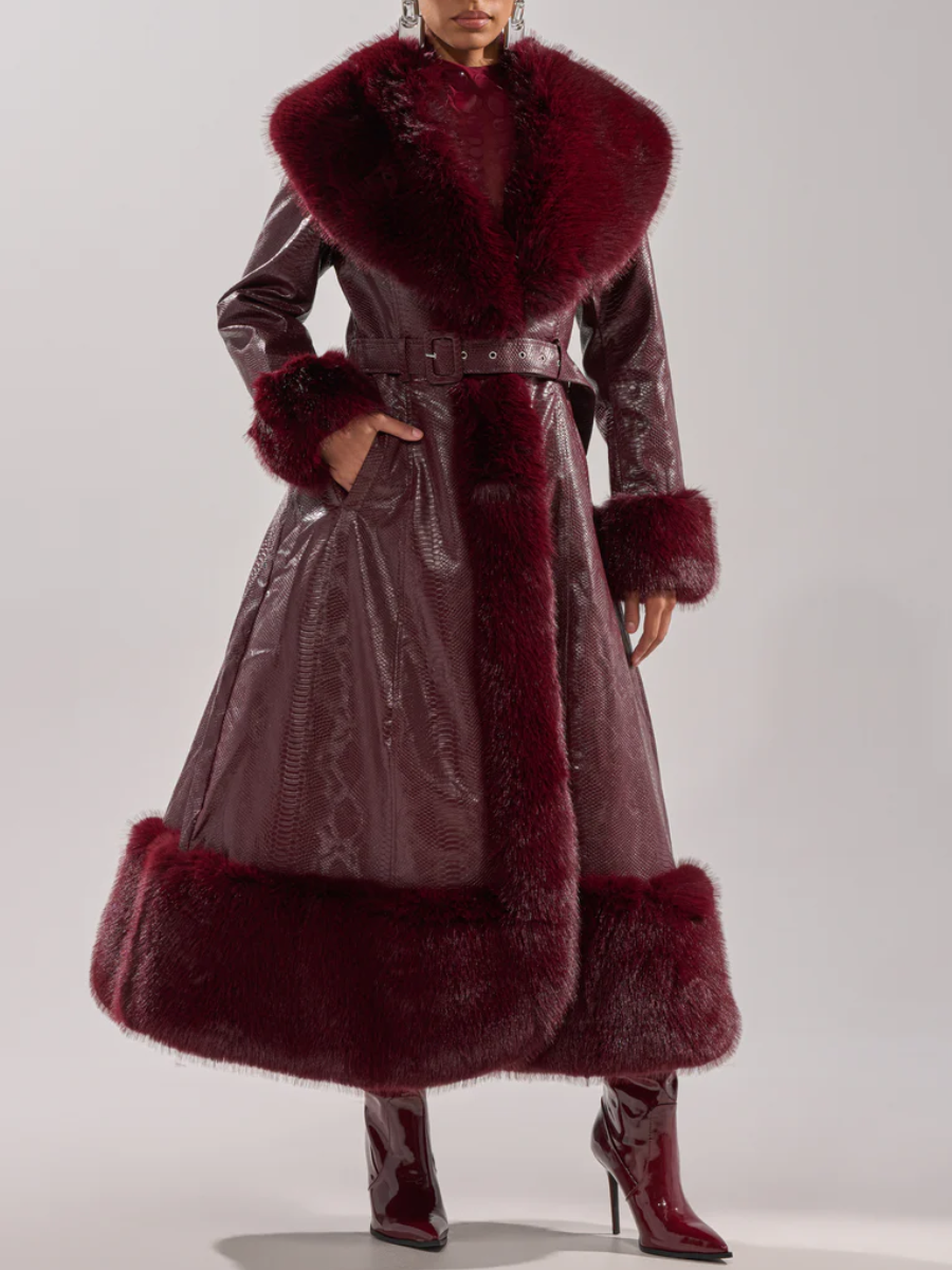 Burgundy Vivian Fur Trimmed Trench Coat