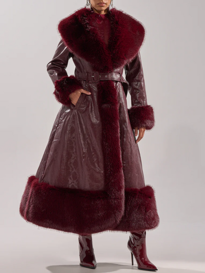 Burgundy Vivian Fur Trimmed Trench Coat