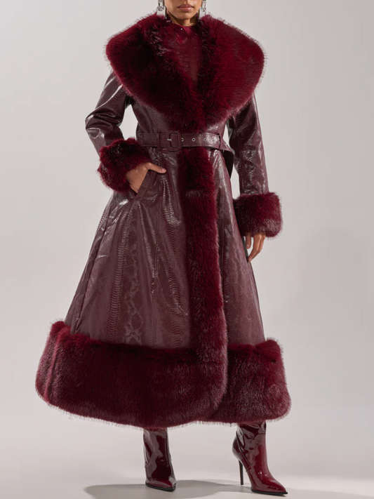 Burgundy Vivian Fur Trimmed Trench Coat