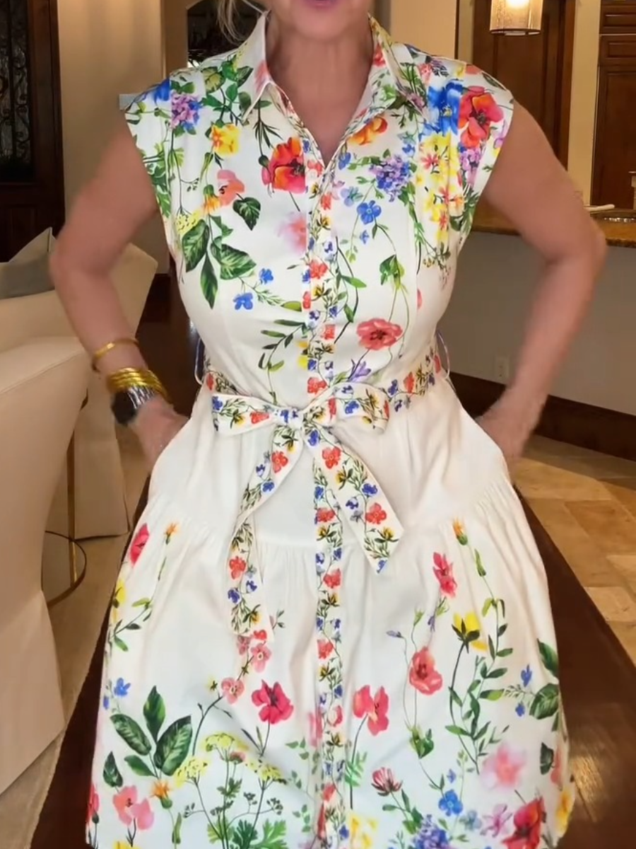 Casual Chic Button-Front Floral Shirt Dress with Waist Tie