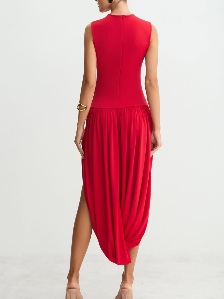 Sleeveless Feminine Ruched Asymmetrical Hem Dress