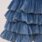 Deep V Neck Tiered Ruffle Mermaid Denim Maxi Dress