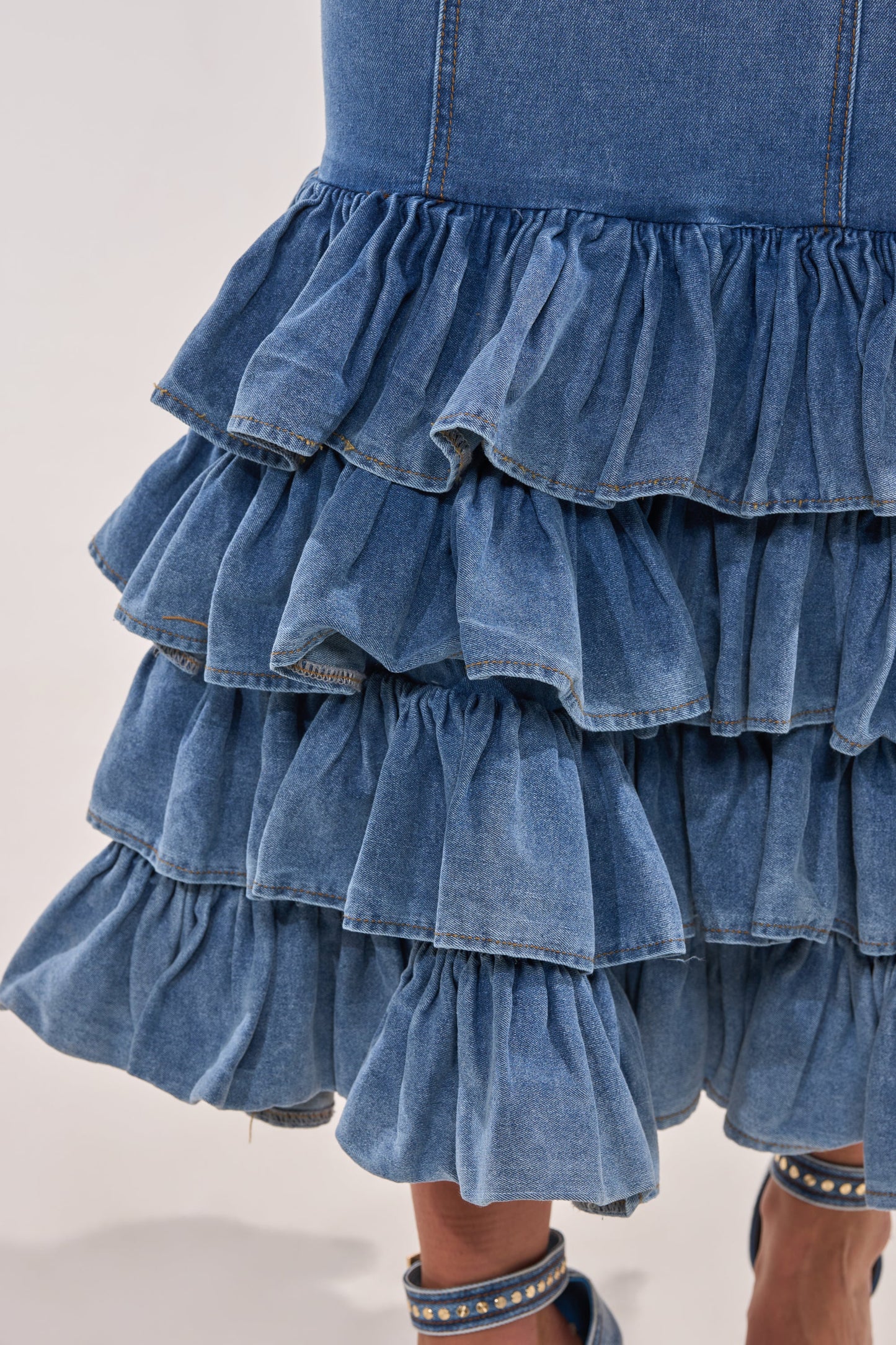 Deep V Neck Tiered Ruffle Mermaid Denim Maxi Dress