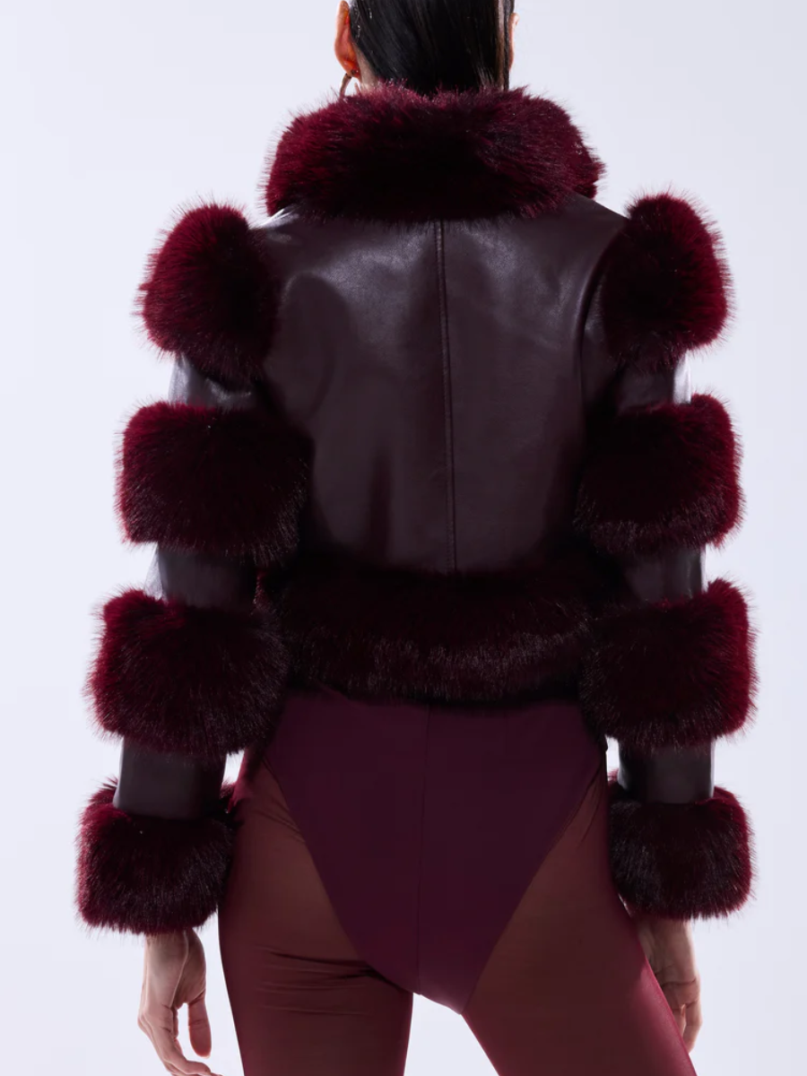 Burgundy Faux Fur Motorcycle Jacket