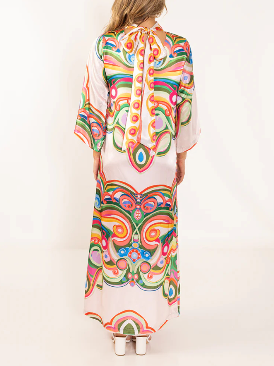 High Neck Bell Sleeve Psychedelic Swirl Print Maxi Dress