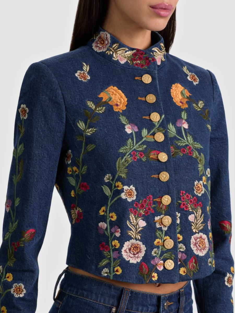 Embroidered Denim Military Jacket and Jeans Set