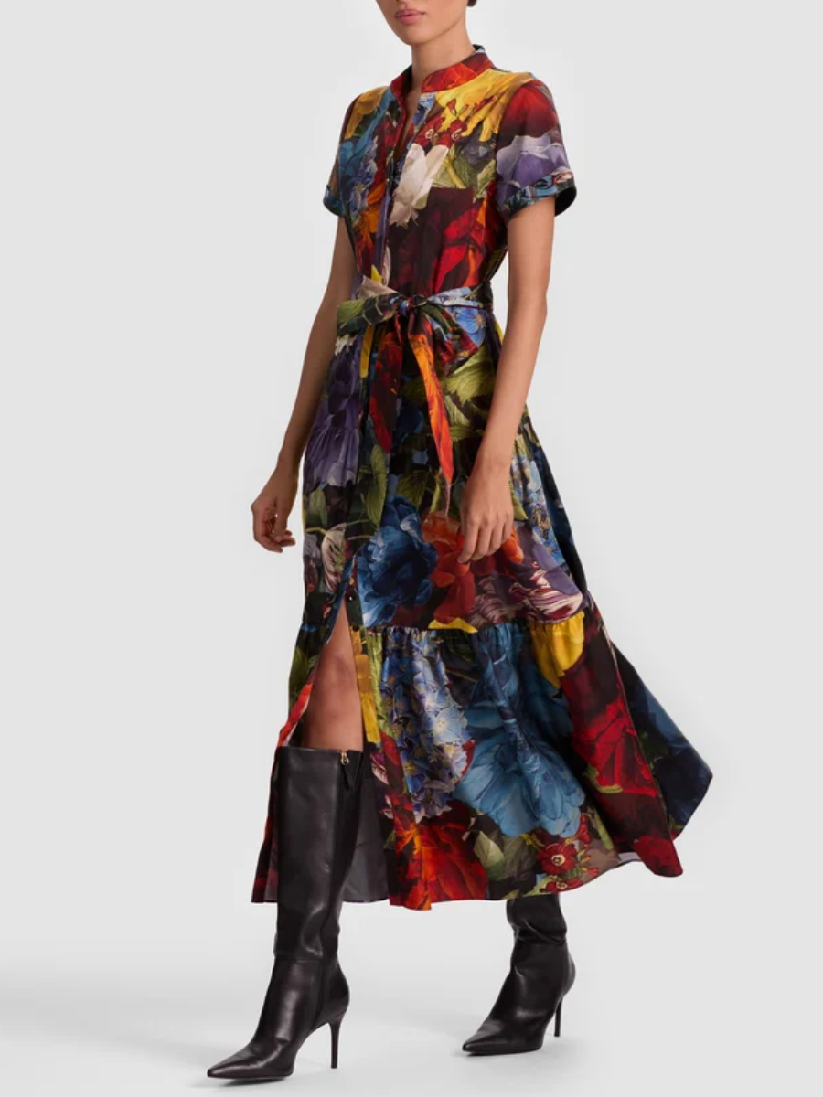 Floral Print Short Sleeve Belted Tiered Dress