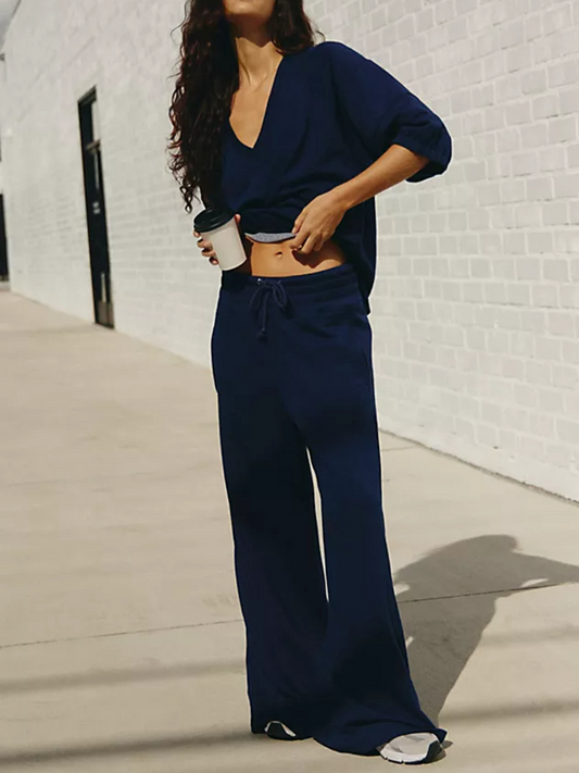 V-Neck Elastic Cuff Casual Set