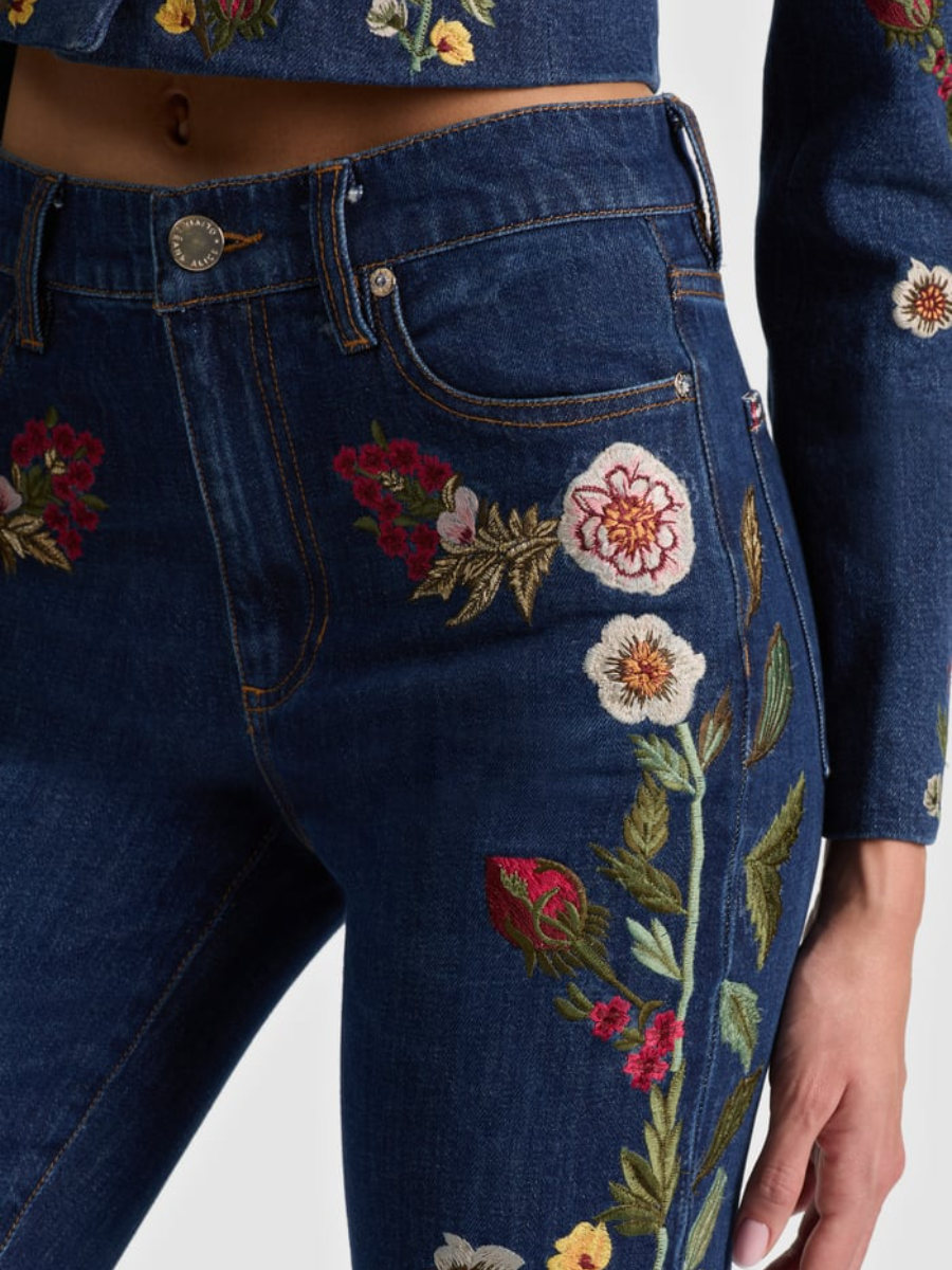 Embroidered Denim Military Jacket and Jeans Set