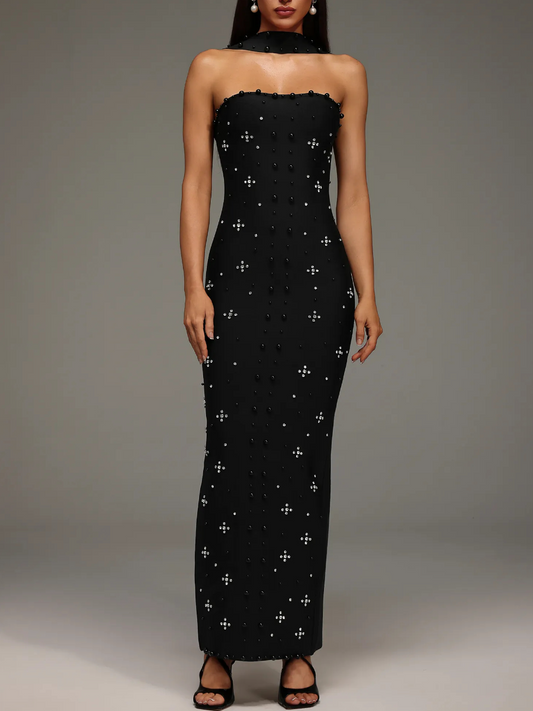 Sleeveless Pearl Bandage Maxi Dress