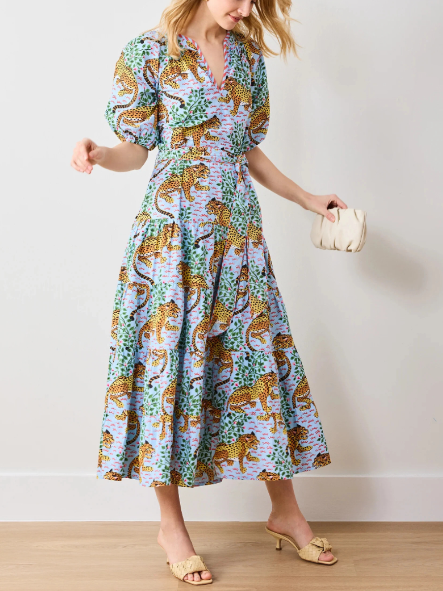 Tropical Leopard Print V-Neck Puff Sleeve Dress