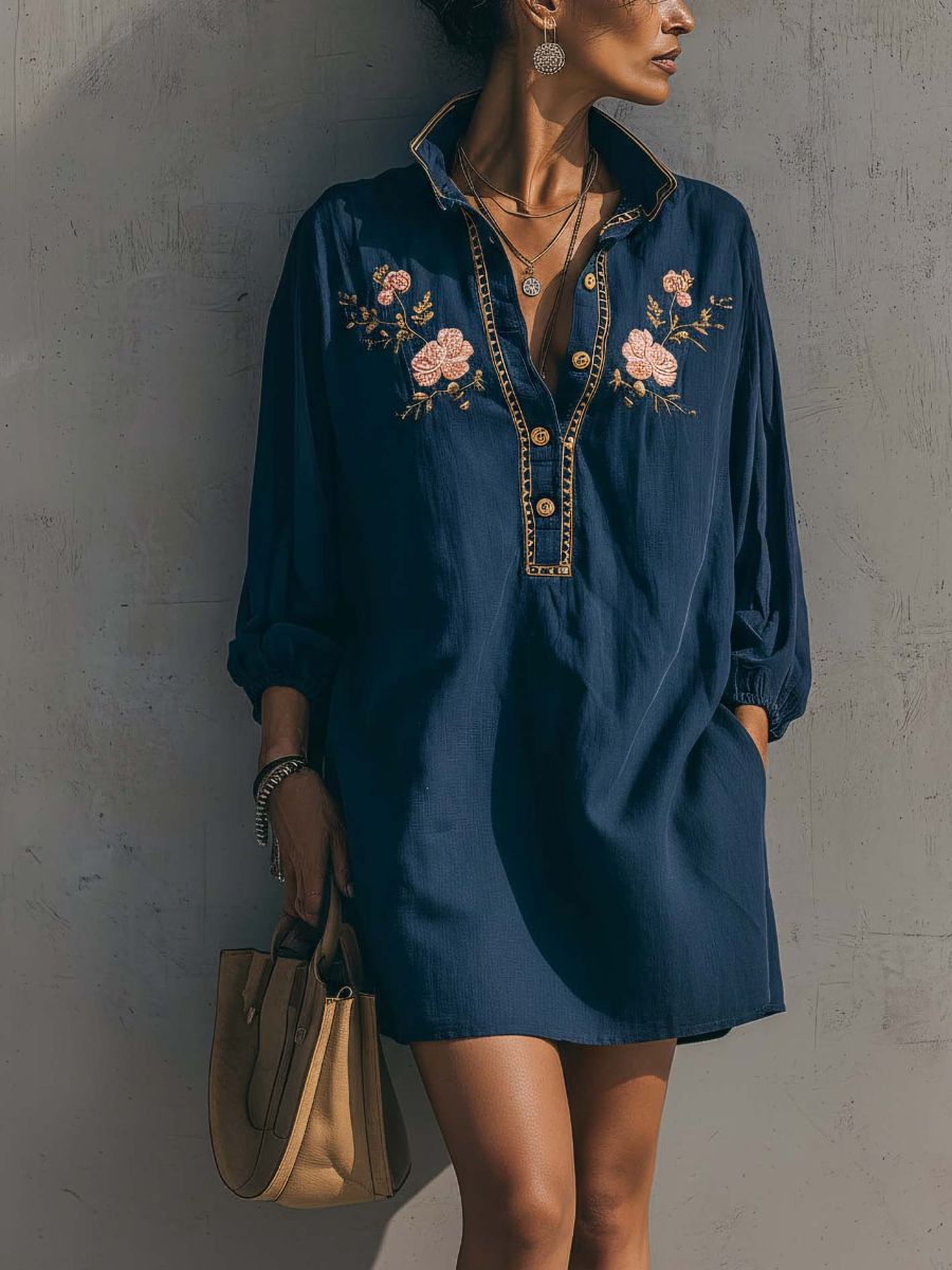 Cotton Linen Floral Embroidered Collared Mini Dress