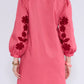 Floral Embroidery Band Collar Ruffle Trim Dress