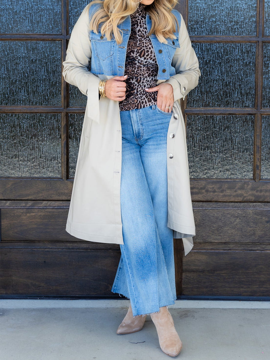 Denim Vest Patchwork Button-down Trench Coat