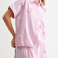 Pink Striped 3D Floral Embroidered Shirt & Midi Skirt Two-Piece Set