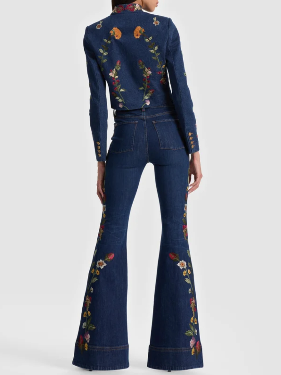 Embroidered Denim Military Jacket and Jeans Set