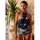 Halter Backless Tropical Print One Piece Swimsuit and Skirt