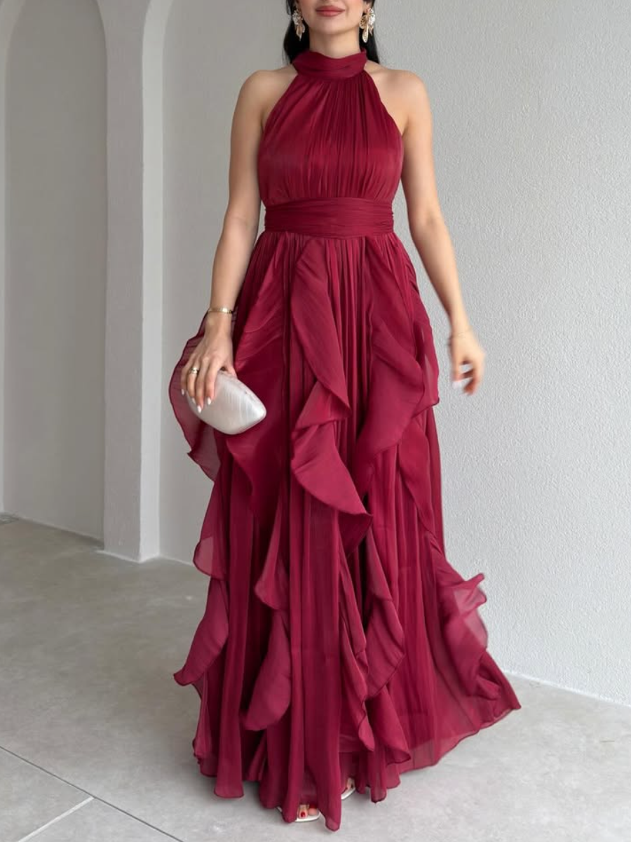 Halter Neck Ruffle Chiffon Maxi Dress