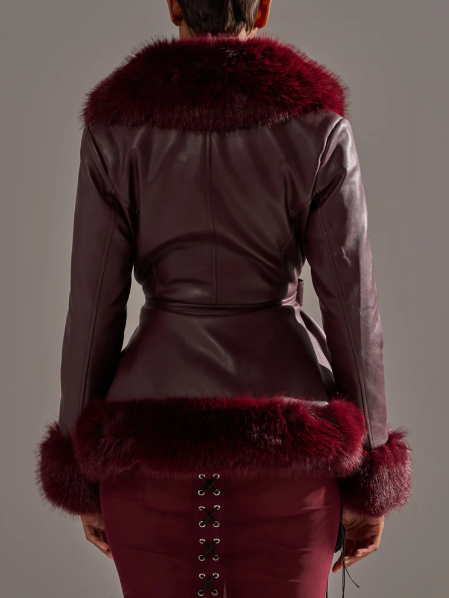 Burgundy Faux Fur Trim Moto Jacket