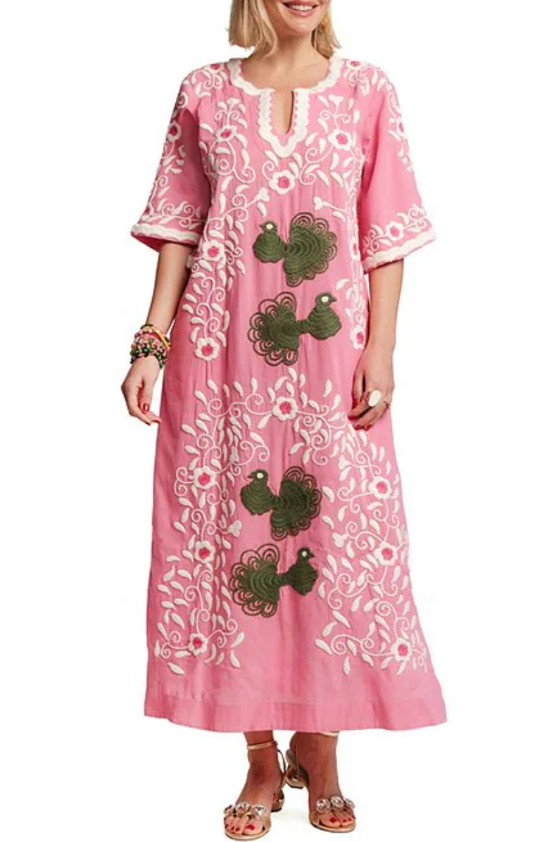 Charming Peacock Embroidery Split V-Neck 3/4 Sleeve Caftan