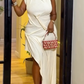 Women's Elegant Mock Neck Sleeveless High Slit White Midi Dress